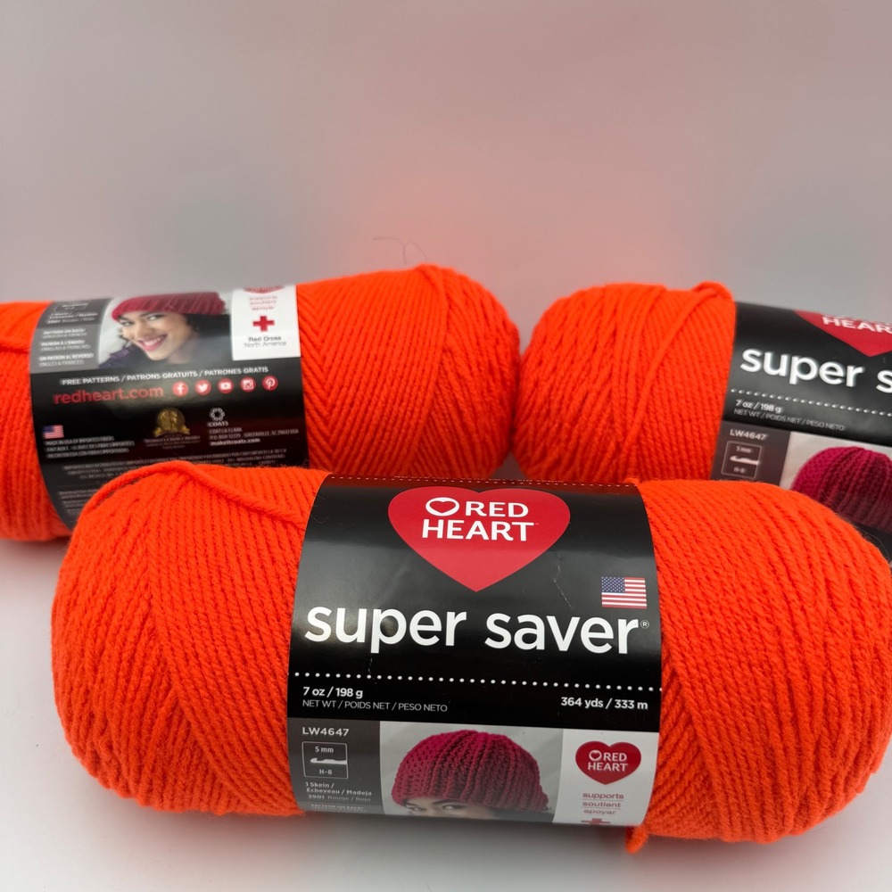 Red Heart Super Saver Yarn Flame Orange 3251 Medium 4 Acrylic 3 Skeins 7oz 364yd